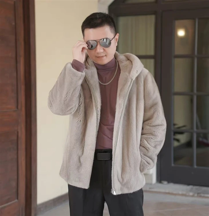 Kopenhagen Mink Fur Velvet Men Jacket Winter Coat With Hat Soft
